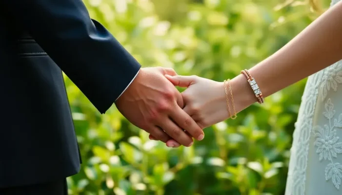 Close-up of interlocked hands with matching bracelets, symbolizing love and unity.