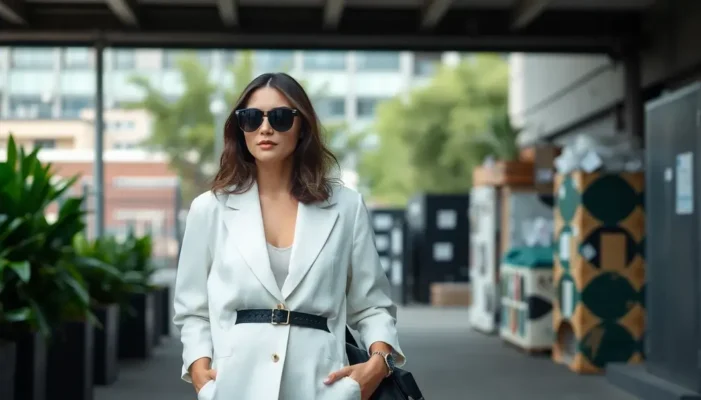 An individual wearing an eco-friendly monochrome outfit in an urban, green setting.
