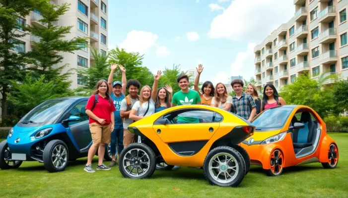 Diverse teens around futuristic eco-friendly cars in a lush cityscape.
