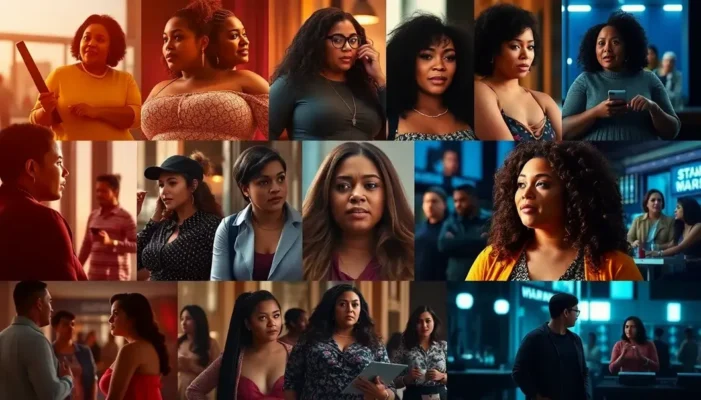Scenes from movies featuring plus-size characters in dynamic roles.