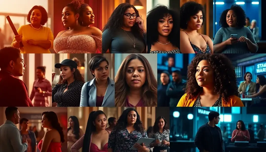 Scenes from movies featuring plus-size characters in dynamic roles.