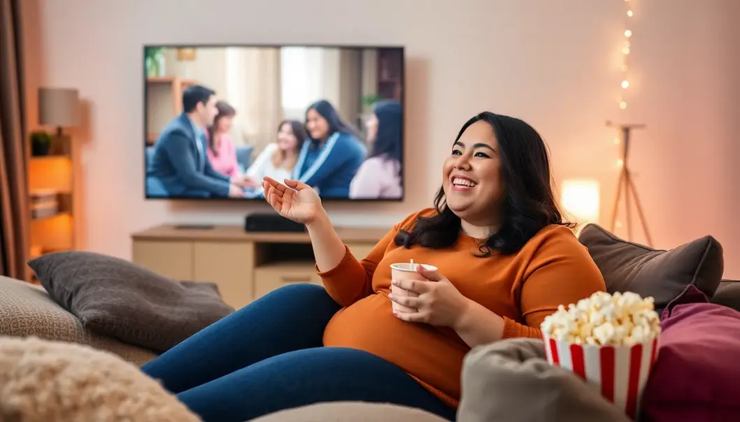 A plus-size woman enjoying a feel-good drama at home.