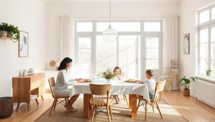 A peaceful and simple dining area in a minimalist home setup, emphasizing space and light.