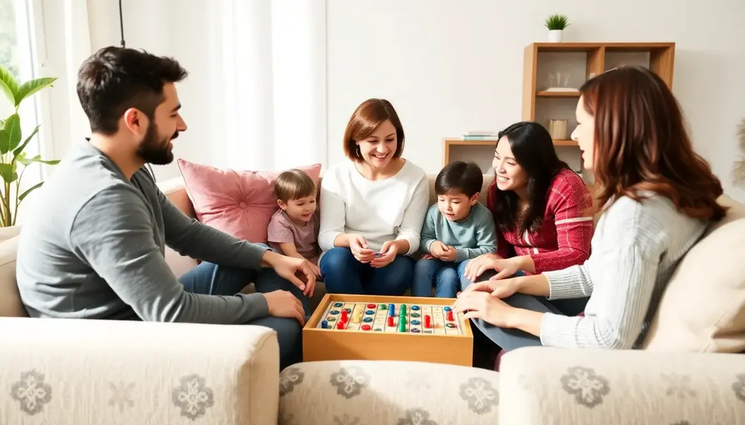 Family enjoying quality time in a minimalist living room setting.