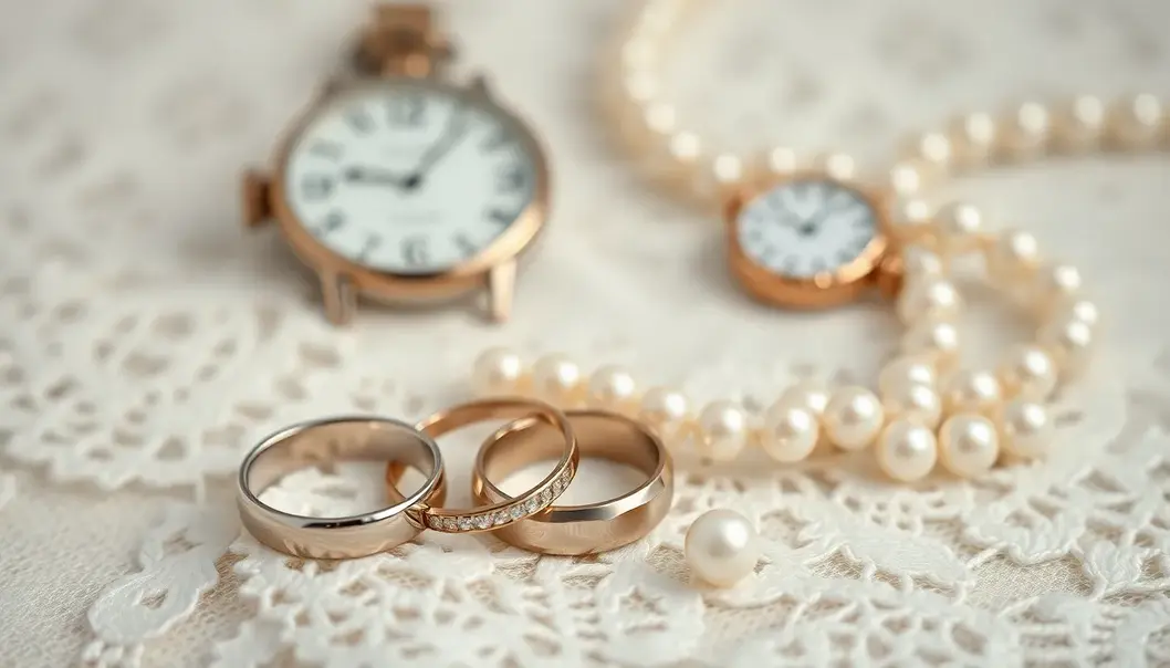 Wedding rings alongside a vintage watch and pearl necklace: symbols of enduring love.
